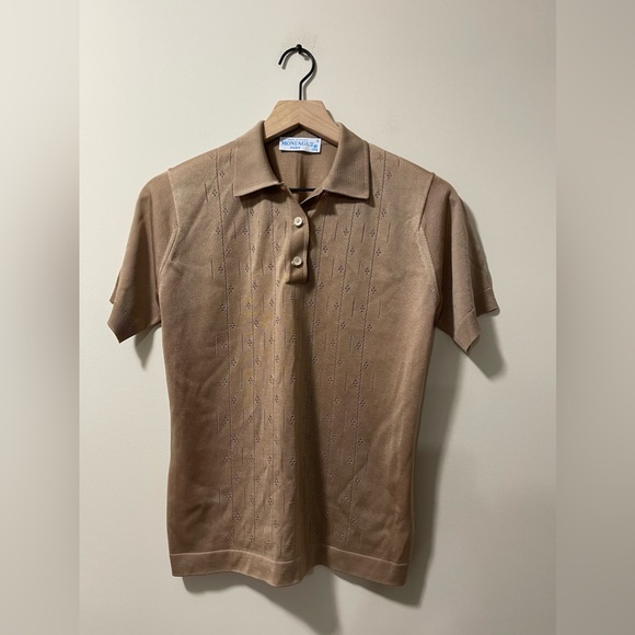 Montagut Paris Taupe Brown Cut-out Mesh Golf Casual Short Sleeve Top Medium - Picture 3 of 8